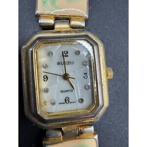 Vtg Suizo Women’s Gold Tone Tank Quartz Watch MOP Dial 22.5mm Gold Enamel Band